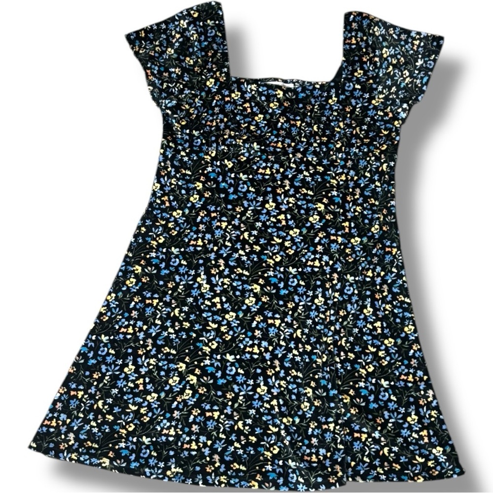 Planet Gold Black Small Floral Print Velvet Short Cap Sleeves Flared Mini Dress - Picture 12 of 15
